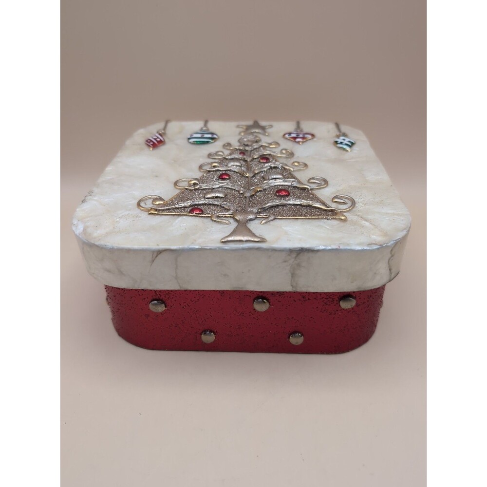 Capiz Shell Christmas Gift Box Holiday Trinket Keepsake Decor Red Silver White